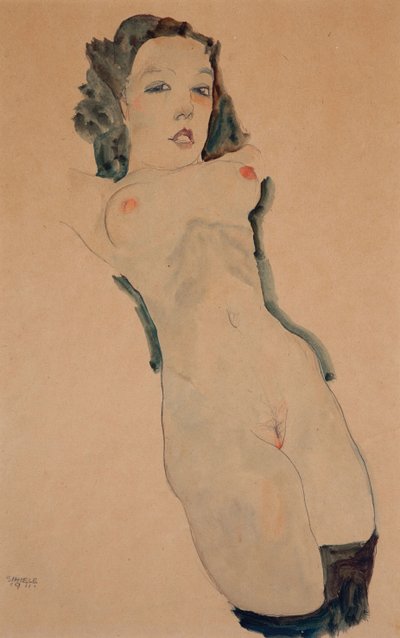 Siyah çoraplı çıplak uzanmış by Egon Schiele