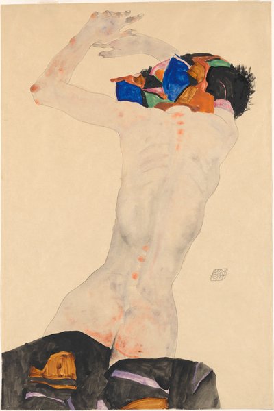 Rückenakt mit buntem Tuch Nude arkadan renkli bir bezle, 1911. by Egon Schiele