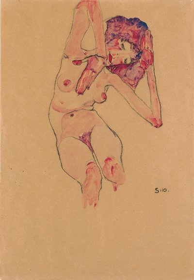 Eğilmiş Başlı ve Kolları Yükseltilmiş Oturan Çıplak Kadın; Oturan çıplak kadın, başı eğik ve kolları kaldırılmış, 1910 by Egon Schiele