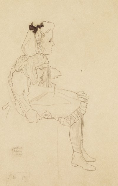 Oturan, Saçında Fiyonklu Kız, 1909 by Egon Schiele