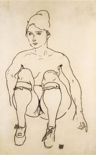 Ayakkabı ve Çoraplı Oturan Çıplak; Ayakkabı ve çoraplarla çıplak oturmuş, 1918 by Egon Schiele