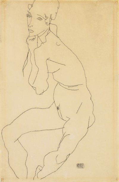 Elleri çenede çıplak oturan kadın, 1914 by Egon Schiele
