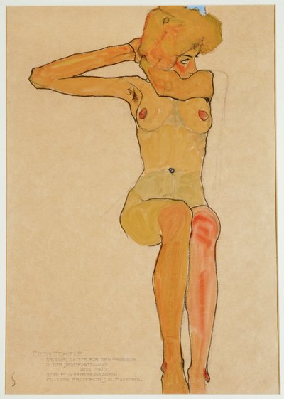 Sağ kolunu kaldırmış oturan çıplak kadın (guaj, suluboya ve siyah pastel boya) by Egon Schiele