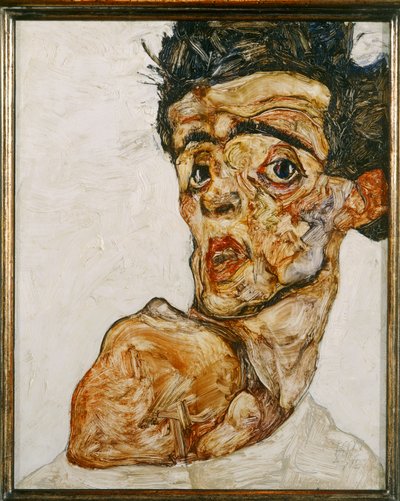 Çıplak omuzu kaldırılmış otoportre by Egon Schiele