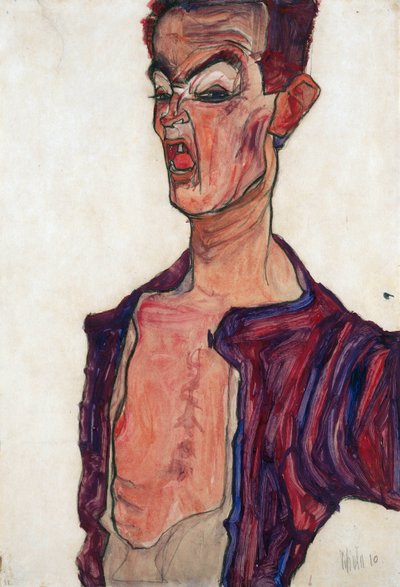 Otoportre, Yüz Yüzünü Yüzerken - Schiele, Egon (1890-1918) - 1910 - Kağıt üzerine guaj - 45,3x30,7 - Leopold Müzesi, Viyana by Egon Schiele