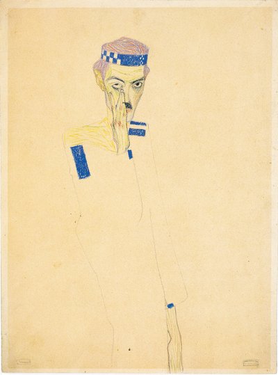 Mavi kareli kafa bantlı Otoportre, 1909. by Egon Schiele