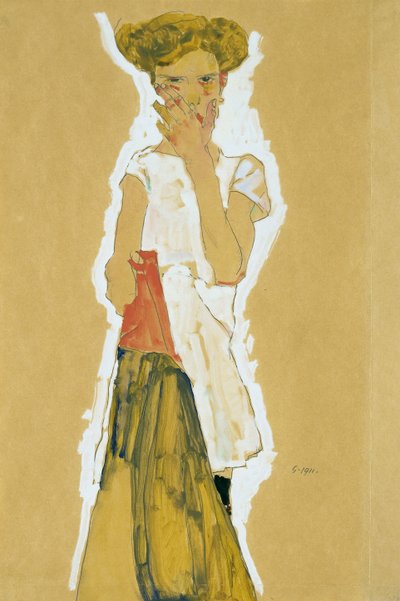 Beyaz iç etekli duran kız by Egon Schiele