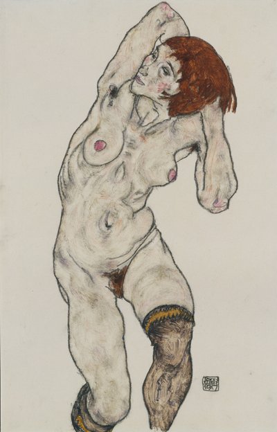 Siyah Çoraplı Çıplak Ayakta, 1917 (kağıt üzerinde wc ve karakalem) by Egon Schiele