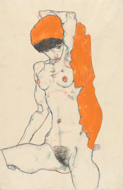 Turuncu Perdeli Ayakta Çıplak, 1914 (wc, guaj ve kağıt üzerine grafit) by Egon Schiele