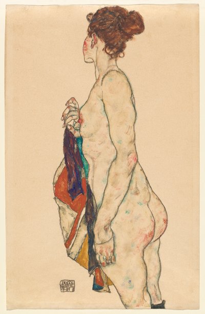 Desenli Bornozla Çıplak Durmak, 1917 by Egon Schiele