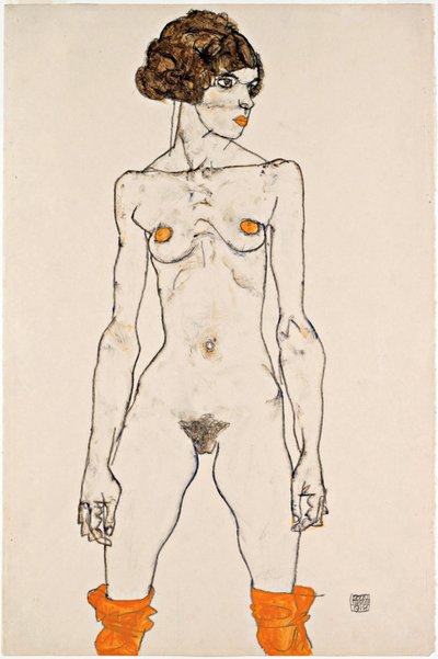 Turuncu Çoraplı Çıplak Genç Kadın Ayakta by Egon Schiele