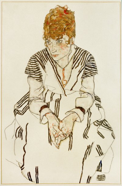 Sanatçının çizgili elbiseli baldızı, oturur vaziyette by Egon Schiele