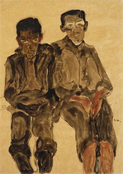 Oturan iki erkek; İki Oturan Oğlan, 1910 by Egon Schiele