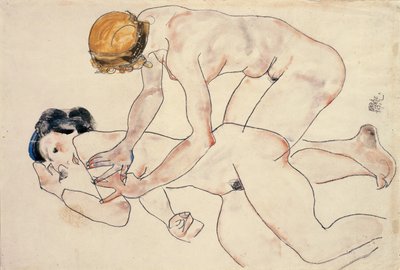İki kadın çıplak, uzanmış ve diz çökmüş by Egon Schiele