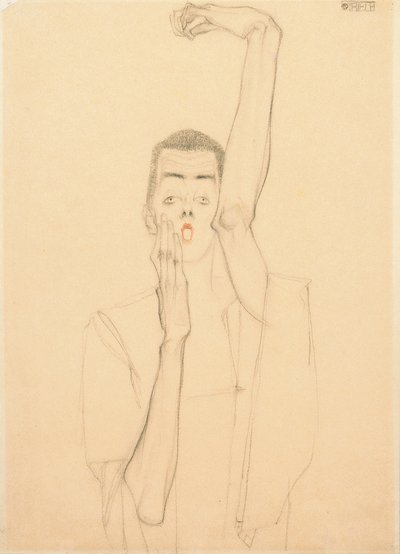 Kalkmış Kol ve Kırmızı Ağızlı Genç Adam; Kalkık Sol Kolu ve Kırmızı Ağızlı Otoportre, 1909 by Egon Schiele