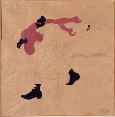 Kızıl saçlı siyah kurdeleli genç kız, ayakkabılarını giyiyor, 1909 by Egon Schiele