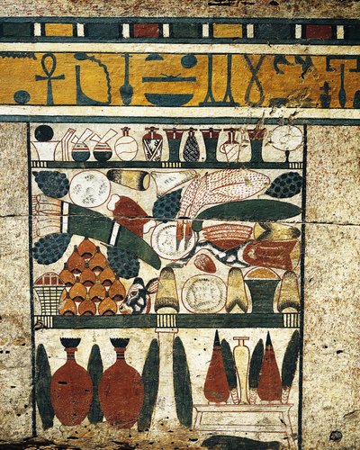 Ibi Lahdi'nden cenaze adakları yığınıyla birlikte sıvalı, boyalı ahşap panel detayı by Egyptian 17th Dynasty
