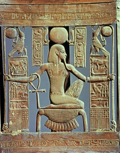 Tutankhamun'un mezarından (MÖ 1370-52) milyonlarca yıllık ruhu betimleyen bir sandalyenin arkası, Yeni Krallık (sedir ağacı) (ayrıca bkz. 227983) by Egyptian 18th Dynasty