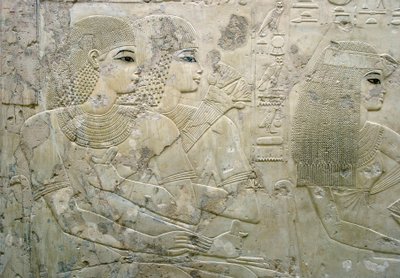 Egyptian antiquite: bas relief representing the guests of a funeral banquet - Tomb of the Vizier Ramose (18th dynasty) - Luxor, Thebes, Tomb of the Nobles Egypt - Egyptian civilization: Bas relief depicting the guests at a funeral banquet, from the Tomb of by Egyptian 18th Dynasty