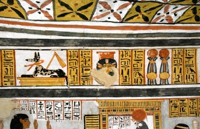 Mısır antikası: Anubis, Hathor ve hiyerogliflerin temsili. Roy