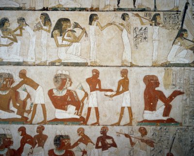 Kadın müzisyenlerle cenaze ziyafeti, kendilerini takılarla süsleyen bayanlar, erkekler ve müzisyenler, Rekhmire Mezarı, Şeyh Abd el Qurnah Nekropolü, Luksor, Thebes (Unesco Dünya Mirası Listesi) by Egyptian 18th Dynasty