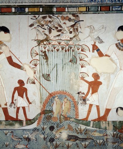 Menna ve ailesi Nil bataklıklarında balık tutuyor ve kümes hayvanları, Menna Mezarı, Şeyh Abd el Qurnah Nekropolü, Luksor, Teb (Unesco Dünya Mirası Listesi) şapelindeki fresklerden detay by Egyptian 18th Dynasty