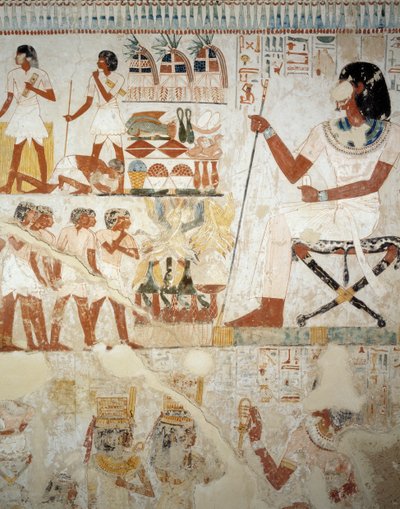 Tarlalarda çalışanlarını denetleyen Menna, Menna Mezarı, Şeyh Abd el Qurnah Nekropolü, Luksor, Thebes (Unesco Dünya Mirası Listesi) girişindeki fresklerden detay by Egyptian 18th Dynasty