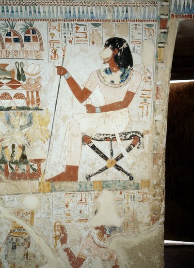 Tarlalarda çalışanlarını denetleyen Menna, Menna Mezarı, Şeyh Abd el Qurnah Nekropolü, Luksor, Thebes (Unesco Dünya Mirası Listesi) girişindeki fresklerden detay by Egyptian 18th Dynasty