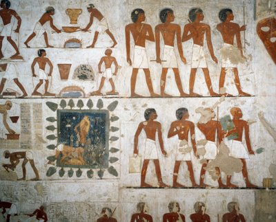 Metal işleme ve tuğla yapımı, Rekhmire Mezarı, Şeyh Abd el Qurnah Nekropolü, Luksor, Thebes (Unesco Dünya Mirası Listesi) fresklerinden detay by Egyptian 18th Dynasty