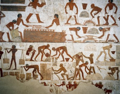 Metal işleme ve tuğla yapımı, Rekhmire Mezarı, Şeyh Abd el Qurnah Nekropolü, Luksor, Thebes (Unesco Dünya Mirası Listesi) fresklerinden detay by Egyptian 18th Dynasty