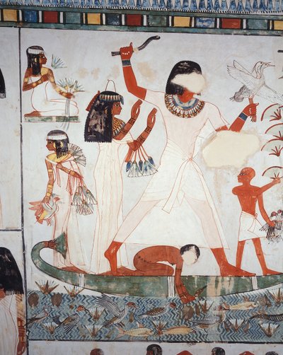 Bataklıklarda avlanma ve balık tutma sahnesi, fresk, kuzey duvarı, boyuna oda, Theban Mezarı TT69, Şeyh Abd el-Qurna, Thebes (Unesco Dünya Mirası Listesi) by Egyptian 18th Dynasty