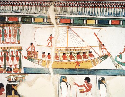 Güneş gemisi, Abydos hacının detayı, fresk, kuzey duvarı, uzun yemek odası, Theban Tomb TT69, Sheikh Abd el-Qurna, Thebes (Unesco Dünya Mirası Listesi) by Egyptian 18th Dynasty