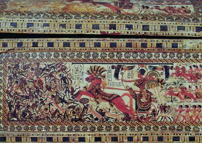 Tutankhamun (MÖ 1370-1352), Afrikalılara saldıran arabasında, bir sandığın yanından detay, Yeni Krallık, MÖ 1340 dolayları (boyalı ahşap) (bkz. 147998) by Egyptian 18th Dynasty