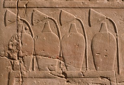 Kavanozları ve nilüfer çiçeklerini (kireçtaşı) gösteren bir kabartma detayı by Egyptian 19th Dynasty
