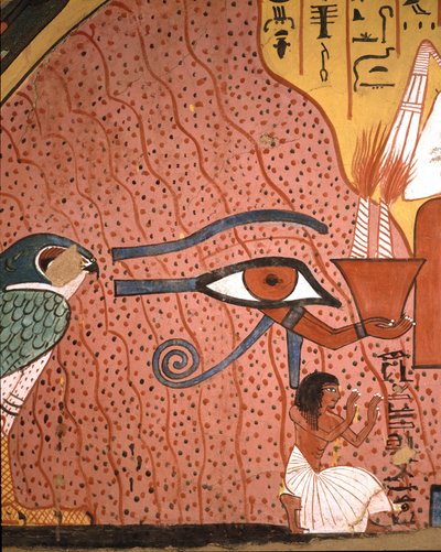 Mısır antikası: “” zanaatkar Pached (ya da Pashedou ya da Pachedou ya da Pashed ya da Pashedu) onun yanında tapınmak için diz çöker, Horus Oudjat