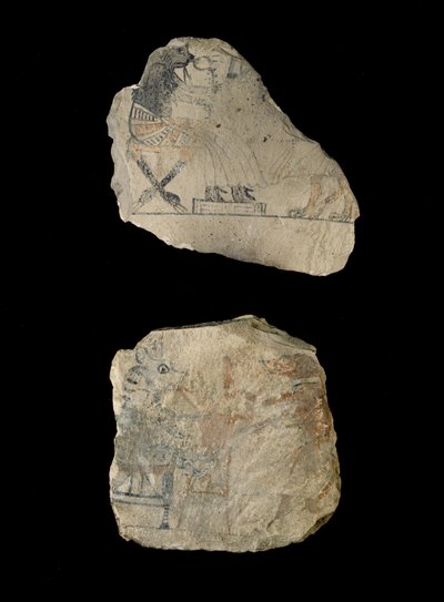 Kırmızı ve siyah mürekkeple mizahi eskizlere sahip kireçtaşı ostraca (siyah ve kırmızı mürekkeple boyanmış kireçtaşı) by Egyptian 19th Dynasty
