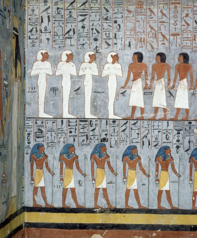 Mumyalar ve erkek figürler, Ramses I Mezarı, Krallar Vadisi, Luksor, Thebes (Unesco Dünya Mirası Listesi) mezar odasındaki fresklerden detay by Egyptian 19th Dynasty