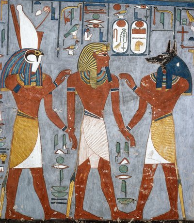 Horus ve Anubis arasındaki Ramses I, fresk, mezar odası, Ramses I Mezarı (KV16), Krallar Vadisi, Thebes (Unesco Dünya Mirası Listesi) by Egyptian 19th Dynasty