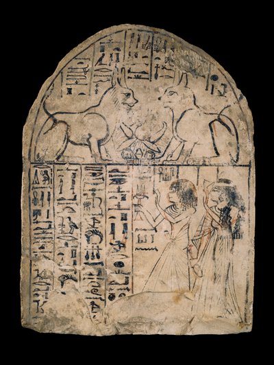Deir el-Medina'dan (kireçtaşı boyalı) 'Tanrının Kedisi'ne ve 'Muhteşem Atum adına barışçıl olan Büyük Kedi'ye tapan bir çifti tasvir eden stel, Yeni Krallık by Egyptian 19th Dynasty