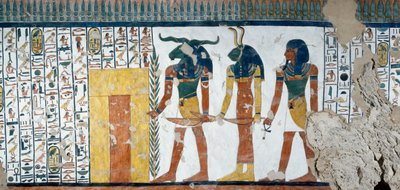 Osiris Krallığının İkinci Kapısını koruyan üç cins, Ölüler Kitabı, Bölüm 144, Nefertari, Queens Vadisi, Luksor, Thebes mezar odasındaki fresklerden ayrıntılar. Mısır uygarlığı, Yeni Krallık, Hanedan XIX. by Egyptian 19th Dynasty