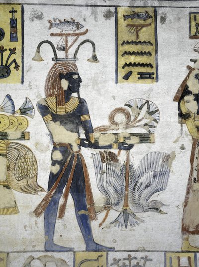 Mısır, Thebes, Luksor, Krallar Vadisi, Ramses III Mezarı, yirminci hanedandan ritüel tekliflerin duvar resmi by Egyptian 20th Dynasty