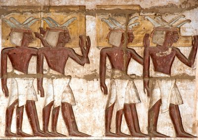 Mısır antikası: birinci avlu, firavuna adaklar getiren bir grup Nubyalıyı temsil eden boyalı kabartmaların detayı. Ramses III