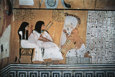 Ölen Khai-Inherkha ve karısının kör arpçıyı izlerken duvar resmi by Egyptian 20th Dynasty