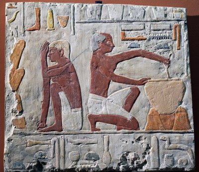 Ekmeğin hazırlanması ve pişirilmesi, MÖ 2500-2350 (boyalı kireçtaşı) by Egyptian 5th Dynasty