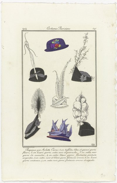 Aksesuarlar Journal des Dames et des Modes, Costumes Parisiens, 1914, No. 171: Hats by Arlett (...) by Eiger