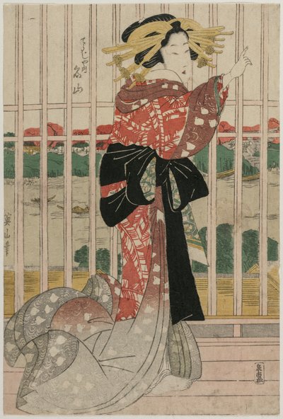 Chojiya'nın Sumida Nehri'ne bakan bir Balkonda Nezaket Meizan'ı, 1820'lerin başlarında veya ortalarında. by Kikugawa Eizan