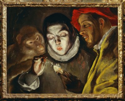 Maymun, çocuk ve adam bir mum yakıyor by El Greco