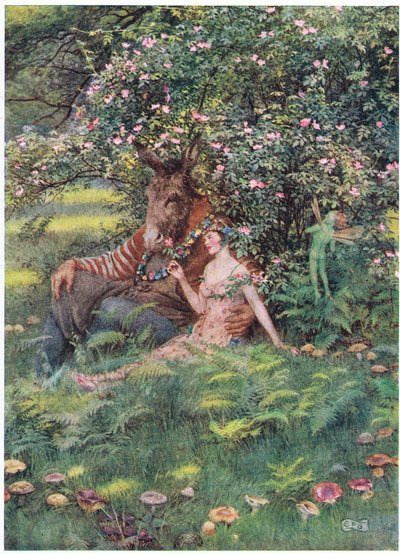 Bottom ve Titania: "Gel şu çiçekli yatağa otur" (lito) by Eleanor Fortescue Brickdale