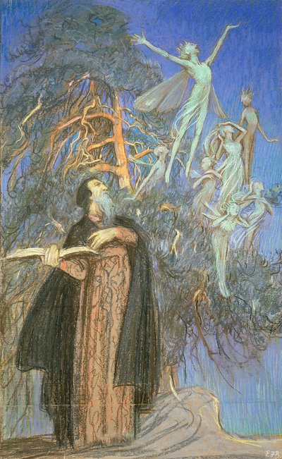 Prospero ve Ariel, Broadcasting House için yaptırılan kayıp bir resim için bir çalışma, Londra, c.1931 (kağıt üzerinde pastel) by Eleanor Fortescue Brickdale