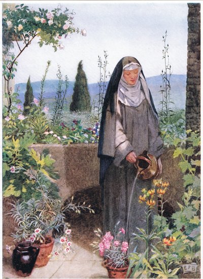 Aziz Clare kurduğu manastırın bahçesinde (litho) by Eleanor Fortescue Brickdale